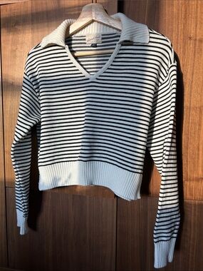 EUC Black and White Pinstriped Collared V-Neck Cropped Sweater